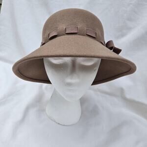 Toucan Collection NY Taupe Wool Felt Cloche Hat Wide Brim Bow Vintage Style